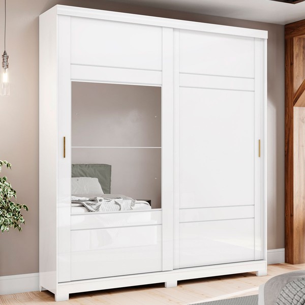 Guarda-Roupa Casal Turin 2 Portas 3 Gavetas Flex com Espelho Branco/Rosa Chá - Henn