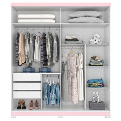 Guarda-Roupa Casal Turin 2 Portas 3 Gavetas Flex com Espelho Branco/Rosa Chá - Henn