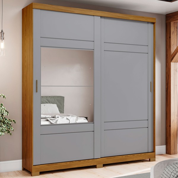 Guarda-Roupa Casal Turin 2 Portas 3 Gavetas com Espelho Nature/Cinza - Henn