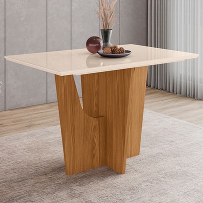 Mesa de Madeira Danielly com Vidro Nature/Off White Sci40 - Henn