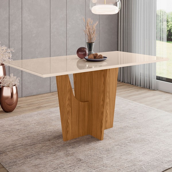 Mesa de Madeira Danielly com Vidro Nature/Off White Si203 - Henn