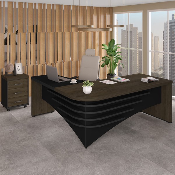 Escritório Completo 3 Gavetas 6098 Charuto/Preto - Artany Móveis