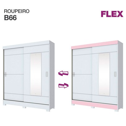 Guarda-Roupa Solteiro Amsterdã 2 Portas 2 Gavetas com Espelho Flex Branco/Rosa - Briz