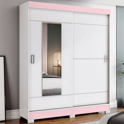 Guarda-Roupa Solteiro Amsterdã 2 Portas 2 Gavetas com Espelho Flex Branco/Rosa - Briz