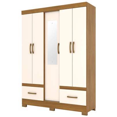 Guarda-Roupa Solteiro Chale 5 Portas 2 Gavetas com Espelho Nature/Off White - Briz