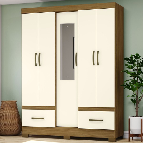 Guarda-Roupa Solteiro Chale 5 Portas 2 Gavetas com Espelho Nature/Off White - Briz