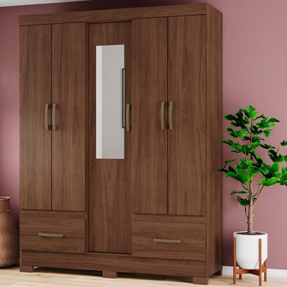 Guarda-Roupa Solteiro Chale 5 Portas 2 Gavetas com Espelho Castanho Hp - Briz