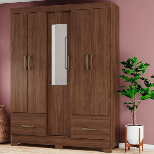 Guarda-Roupa Solteiro Chale 5 Portas 2 Gavetas com Espelho Castanho Hp - Briz