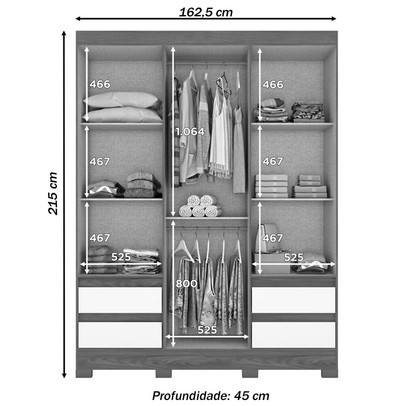 Guarda-Roupa Solteiro Lema 3 Portas 4 Gavetas Nature/Off White - Briz