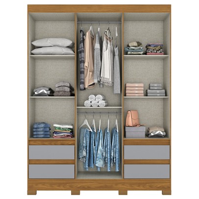 Guarda-Roupa Solteiro Lema 3 Portas 4 Gavetas Nature/Cinza - Briz