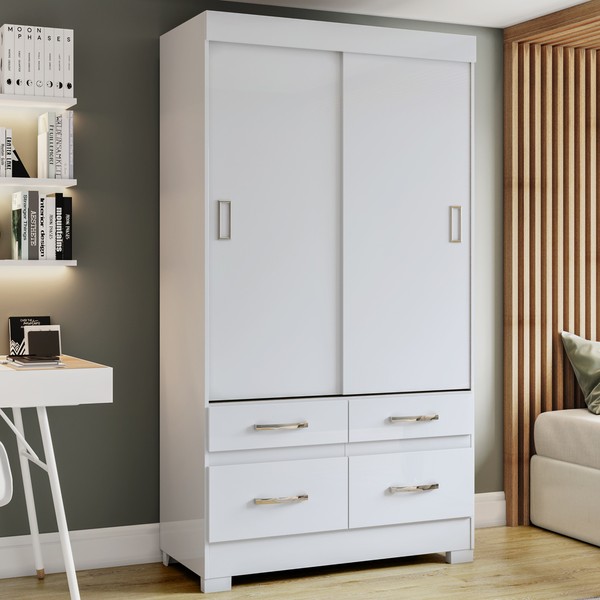 Guarda-Roupa Solteiro Marel 2 Portas 4 Gavetas Flex Branco/Rosa Chá - Briz