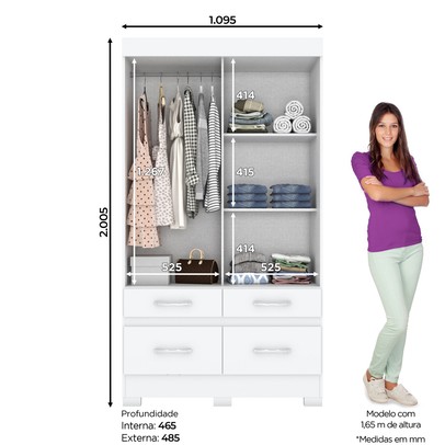 Guarda-Roupa Solteiro Marel 2 Portas 4 Gavetas Flex Branco/Rosa Chá - Briz