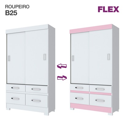 Guarda-Roupa Solteiro Marel 2 Portas 4 Gavetas Flex Branco/Rosa Chá - Briz