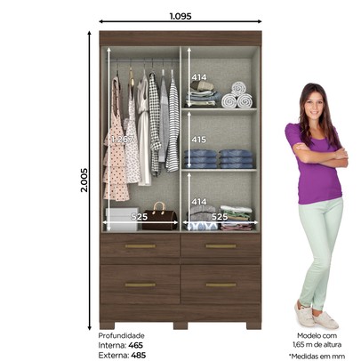 Guarda-Roupa Solteiro Marel 2 Portas 4 Gavetas Flex Castanho Hp/Off White - Briz