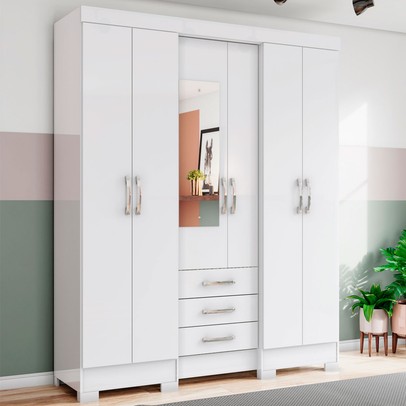 Guarda-Roupa Solteiro Mentor 6 Portas 3 Gavetas com Espelho Branco - Briz