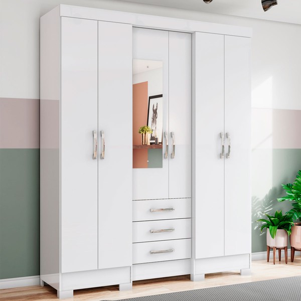 Guarda-Roupa Solteiro Mentor 6 Portas 3 Gavetas com Espelho Branco - Briz