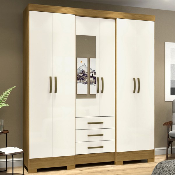 Guarda-Roupa Solteiro Mentor 6 Portas 3 Gavetas com Espelho Nature/Off White - Briz
