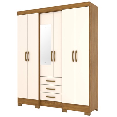 Guarda-Roupa Solteiro Mentor 6 Portas 3 Gavetas com Espelho Nature/Off White - Briz