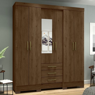Guarda-Roupa Solteiro Mentor 6 Portas 3 Gavetas com Espelho Castanho Hp - Briz