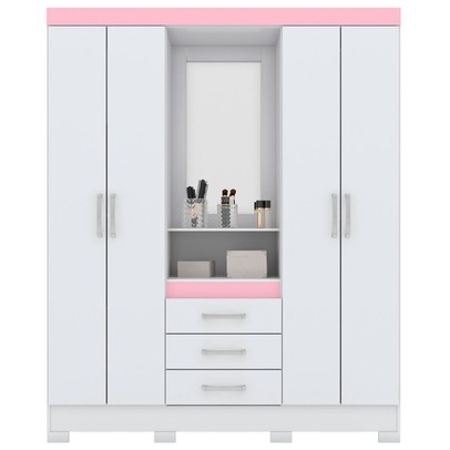Guarda-Roupa Solteiro Nápole 4 Portas 3 Gavetas com Espelho Flex Branco/Rosa Chá - Briz