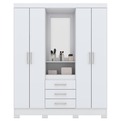Guarda-Roupa Solteiro Nápole 4 Portas 3 Gavetas com Espelho Flex Branco/Rosa Chá - Briz
