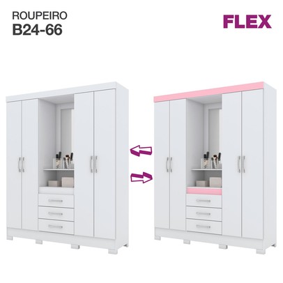 Guarda-Roupa Solteiro Nápole 4 Portas 3 Gavetas com Espelho Flex Branco/Rosa Chá - Briz