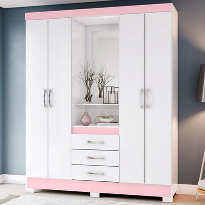 Guarda-Roupa Solteiro Nápole 4 Portas 3 Gavetas com Espelho Flex Branco/Rosa Chá - Briz