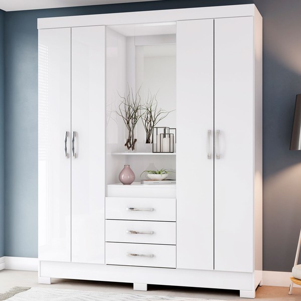 Guarda-Roupa Solteiro Nápole 4 Portas 3 Gavetas com Espelho Flex Branco/Rosa Chá - Briz