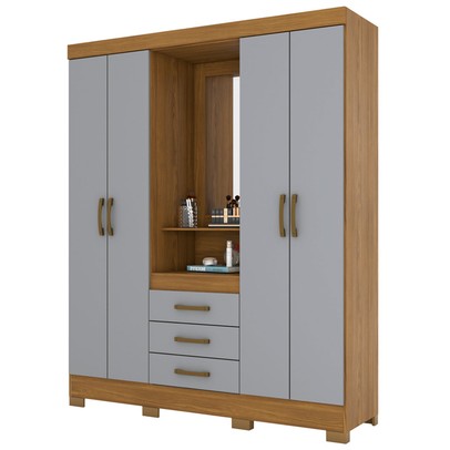 Guarda-Roupa Solteiro Nápole 4 Portas 3 Gavetas com Espelho Nature/Cinza - Briz