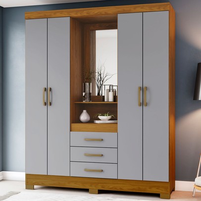 Guarda-Roupa Solteiro Nápole 4 Portas 3 Gavetas com Espelho Nature/Cinza - Briz