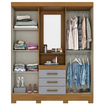 Guarda-Roupa Solteiro Nápole 4 Portas 3 Gavetas com Espelho Nature/Cinza - Briz