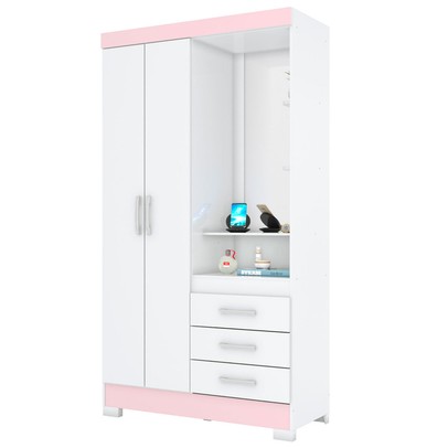 Guarda-Roupa Solteiro Pequin 2 Portas 3 Gavetas com Espelho Flex Branco/Rosa Chá - Briz