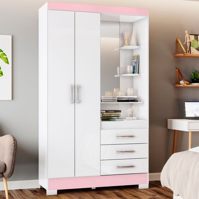 Guarda-Roupa Solteiro Pequin 2 Portas 3 Gavetas com Espelho Flex Branco/Rosa Chá - Briz