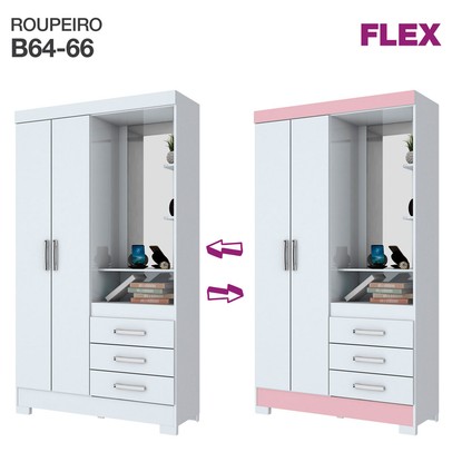 Guarda-Roupa Solteiro Pequin 2 Portas 3 Gavetas com Espelho Flex Branco/Rosa Chá - Briz