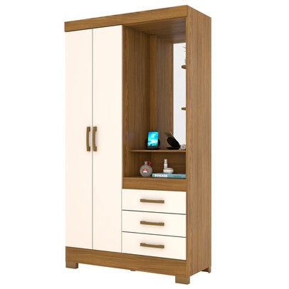 Guarda-Roupa Solteiro Pequin 2 Portas 3 Gavetas com Espelho Nature/Off White - Briz