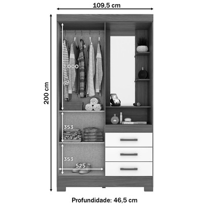 Guarda-Roupa Solteiro Pequin 2 Portas 3 Gavetas com Espelho Nature/Off White - Briz