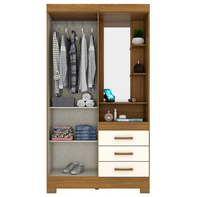 Guarda-Roupa Solteiro Pequin 2 Portas 3 Gavetas com Espelho Nature/Off White - Briz