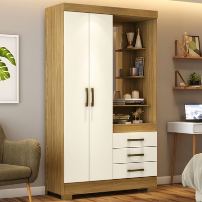 Guarda-Roupa Solteiro Pequin 2 Portas 3 Gavetas com Espelho Nature/Off White - Briz