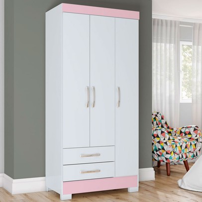 Guarda-Roupa Solteiro Sensi 3 Portas 2 Gavetas Flex Branco/Rosa Chá - Briz