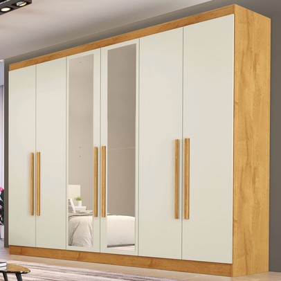Guarda-Roupa Casal  Oslo 6 Portas 4 Gavetas 100% Mdf com Espelho Peroba/Off White - Mademarques