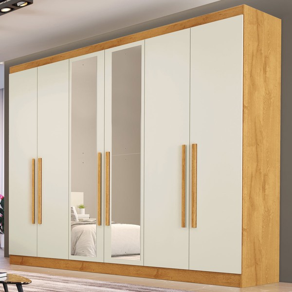 Guarda-Roupa Casal  Oslo 6 Portas 4 Gavetas 100% Mdf com Espelho Peroba/Off White - Mademarques