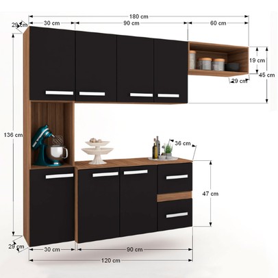 Cozinha Compacta 7 Portas 2 Gavetas Suspensa Armário e Balcão Jéssica Teka/Grafite - Panorama Móveis
