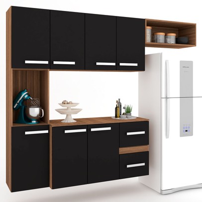 Cozinha Compacta 7 Portas 2 Gavetas Suspensa Armário e Balcão Jéssica Teka/Grafite - Panorama Móveis