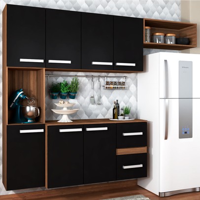 Cozinha Compacta 7 Portas 2 Gavetas Suspensa Armário e Balcão Jéssica Teka/Grafite - Panorama Móveis