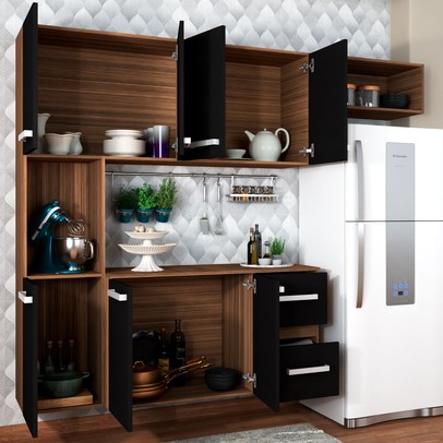 Cozinha Compacta 7 Portas 2 Gavetas Suspensa Armário e Balcão Jéssica Teka/Grafite - Panorama Móveis