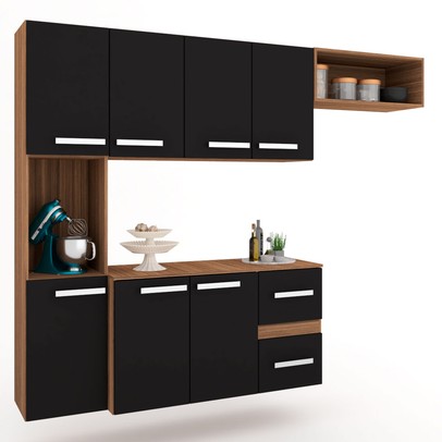 Cozinha Compacta 7 Portas 2 Gavetas Suspensa Armário e Balcão Jéssica Teka/Grafite - Panorama Móveis