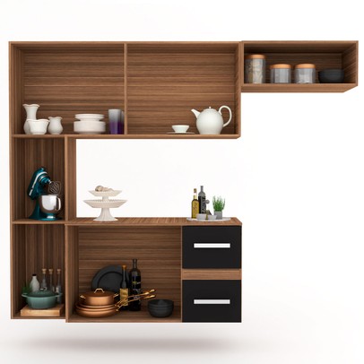 Cozinha Compacta 7 Portas 2 Gavetas Suspensa Armário e Balcão Jéssica Teka/Grafite - Panorama Móveis