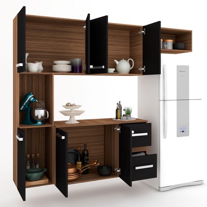 Cozinha Compacta 7 Portas 2 Gavetas Suspensa Armário e Balcão Jéssica Teka/Grafite - Panorama Móveis