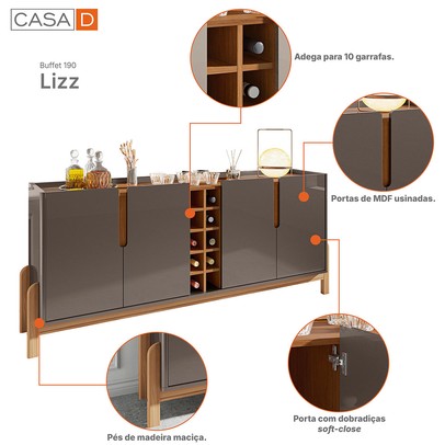 Balcão Buffet Lizz 4 Portas com Adega Cinza Perola/Cedro 050520 - Casa D