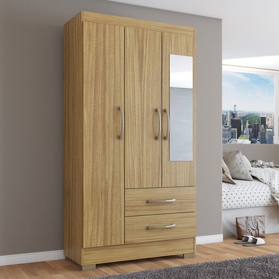 Guarda-Roupa Solteiro Florença 3 Portas 2 Gavetas com Espelho Rústico - Pnr Móveis